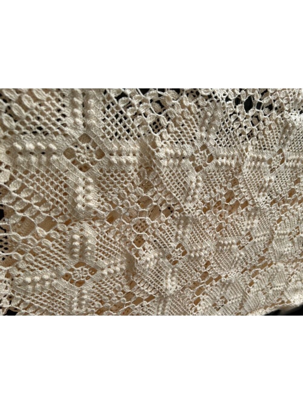 Vtg Hand Crocheted Popcorn Squares Ivory Scalloped Full Bedspread 80x102 Cotton